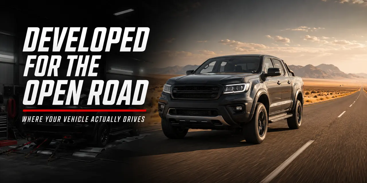 Pickup developed for the open road with a workshop dyno shown in the background