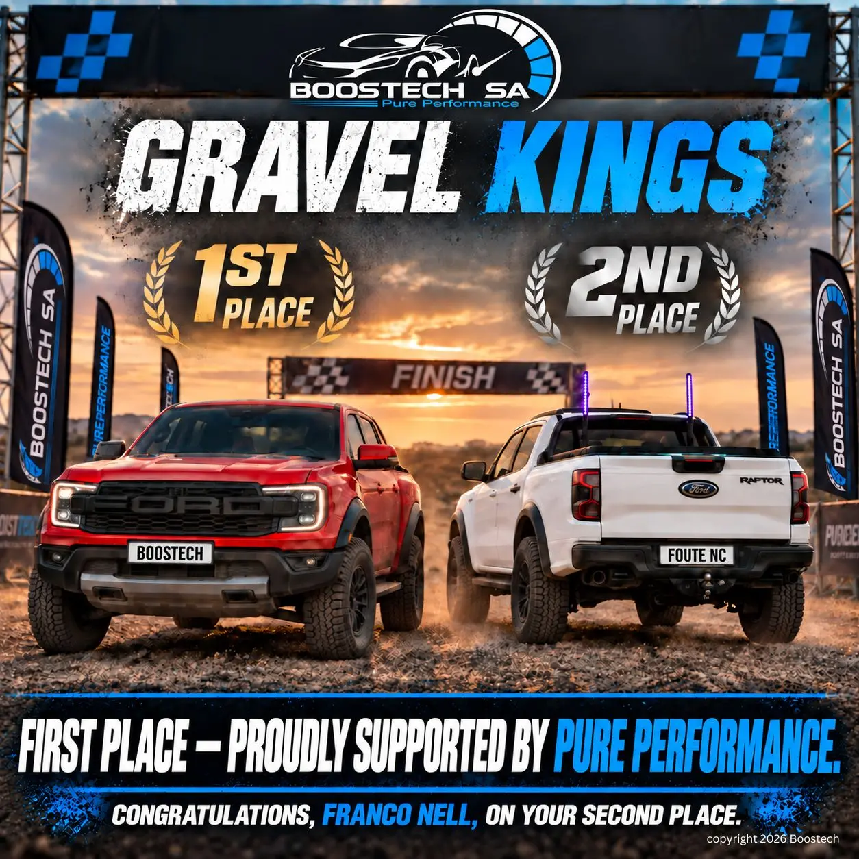 Boostech-supported Ford Ranger Raptor taking first place in class at Gravel Kings 2026